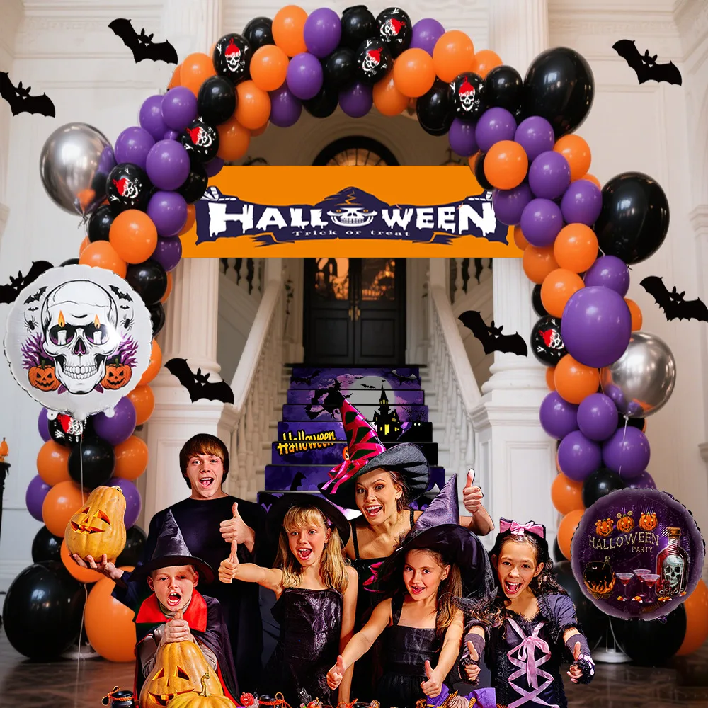 Para juego de globos de Halloween, globos de látex decorativos para fiesta de tela con fondo de calavera de Halloween naranja