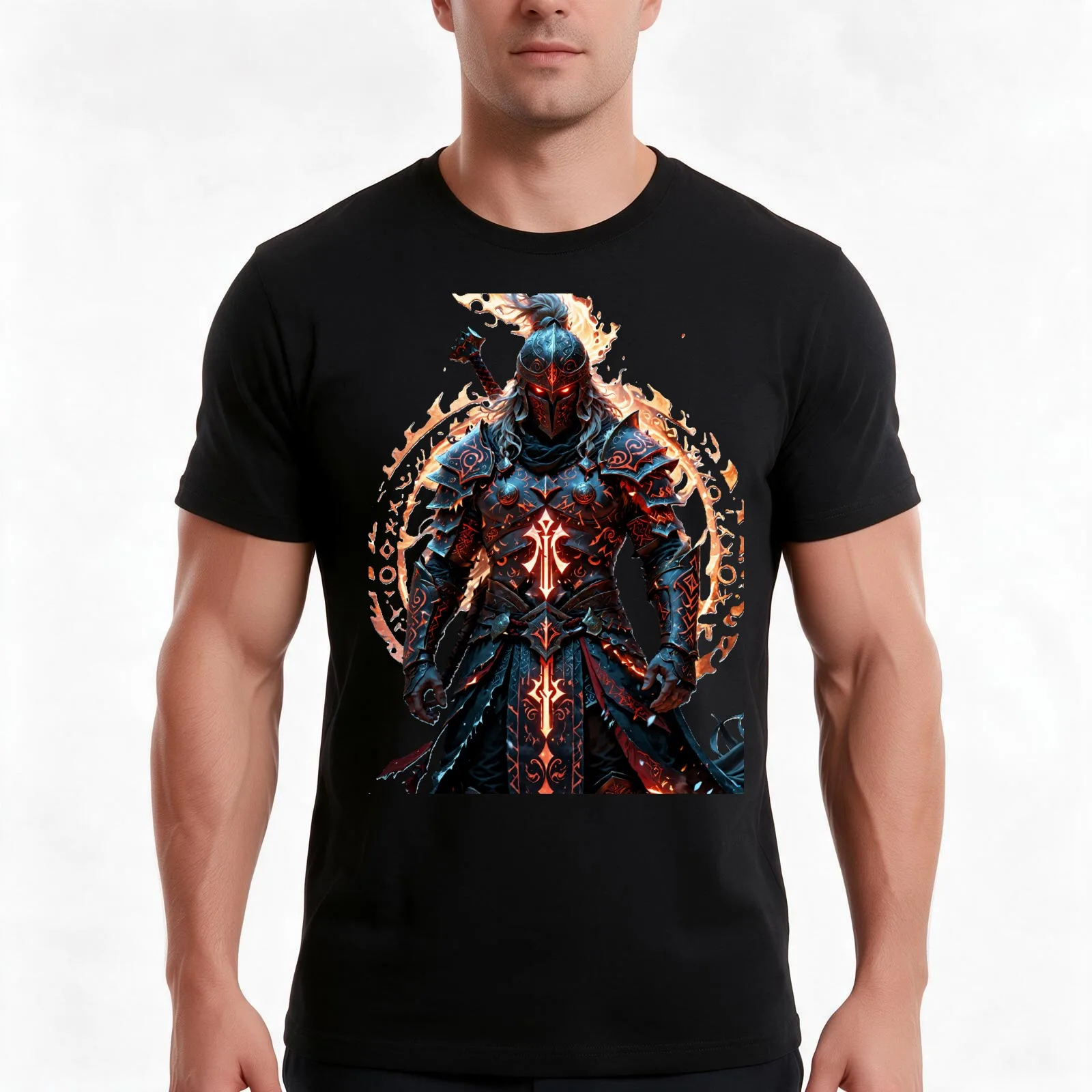 Runebound Warlord of the Eternal Flame T-Shirt, Summer Casual Cotton Tee, Oversized Streetwear Tops, Vintage Graphic Print