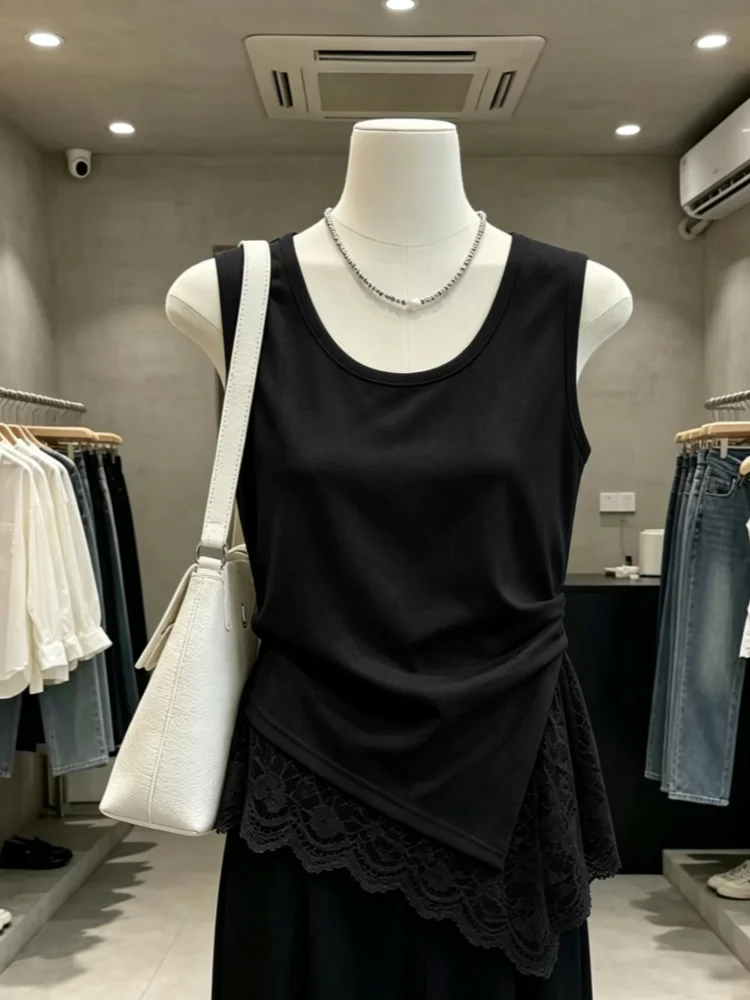 Lace Crop Top Women's Summer Sleeveless Vest Cotton 95% Elastic Fiber 5% Outerwear Underwear Base Layer Clothing