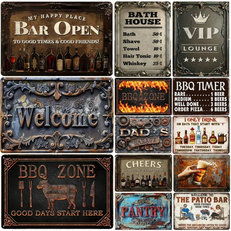 Vintage Metal Tin Poster BBQ Beer Bar Retro Metal Tin Signs Posters Plate Wall Decor for Bar Restaurant Cafe Clubs Retro Plaque