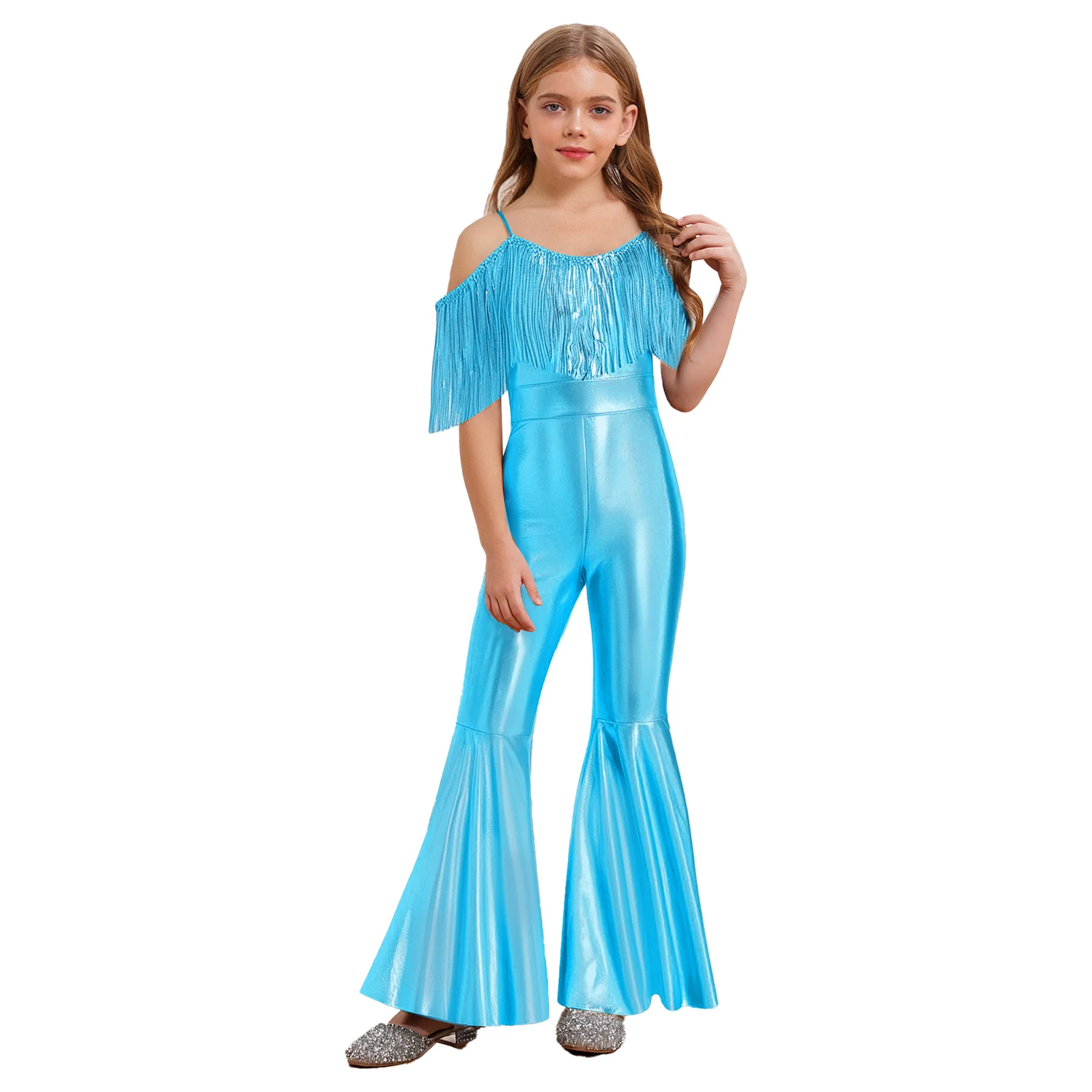 Children Girls Metallic Shiny Rompers Sequins Tassels High Waist Flared Jumpsuit for Banquet Pageant Party Prom Ball Jazz Dance