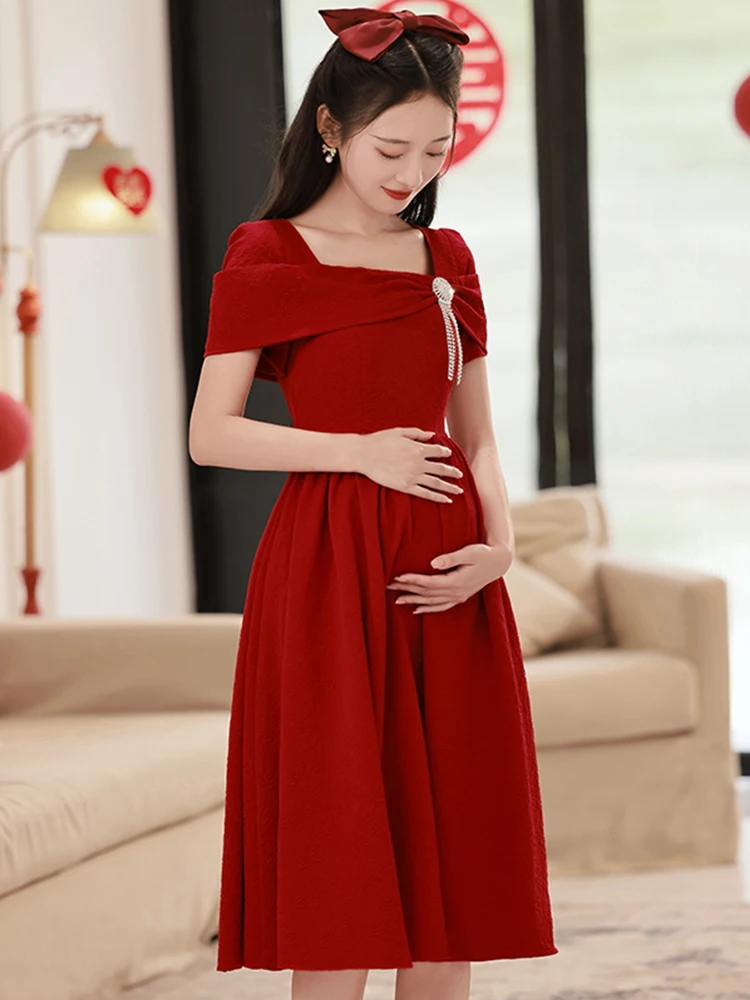 

Materni Wedding Dr High Waist Conceal Belly Red Cusizable Bridal Gown Return Home Casual Dr plus Size Summer