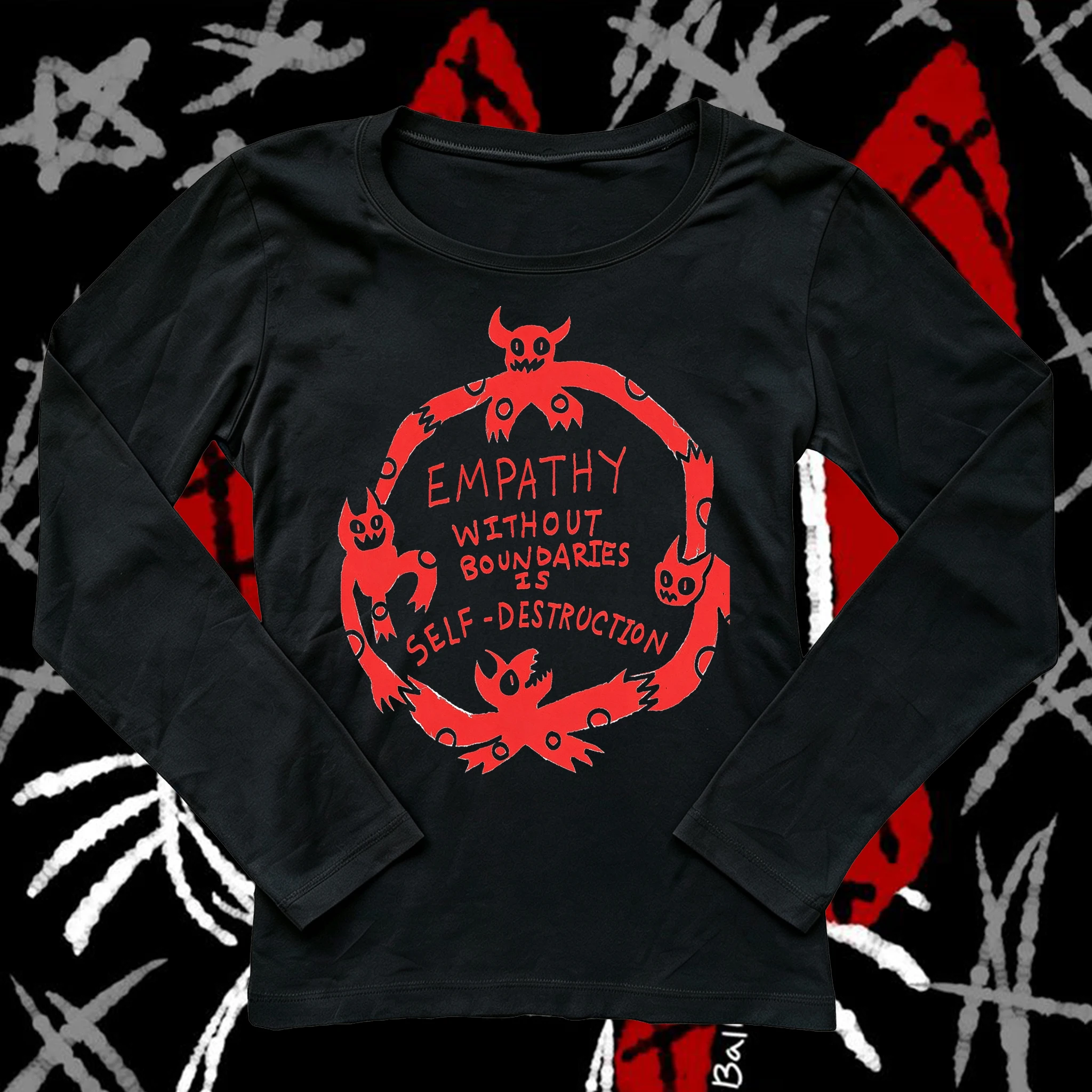 Women Long Sleeve T-Shirt Empathy Without Boundaries Demon Circle Letter Print Tee Weirdcore Goth Y2K Alt Aesthetic Slim Fit Cas