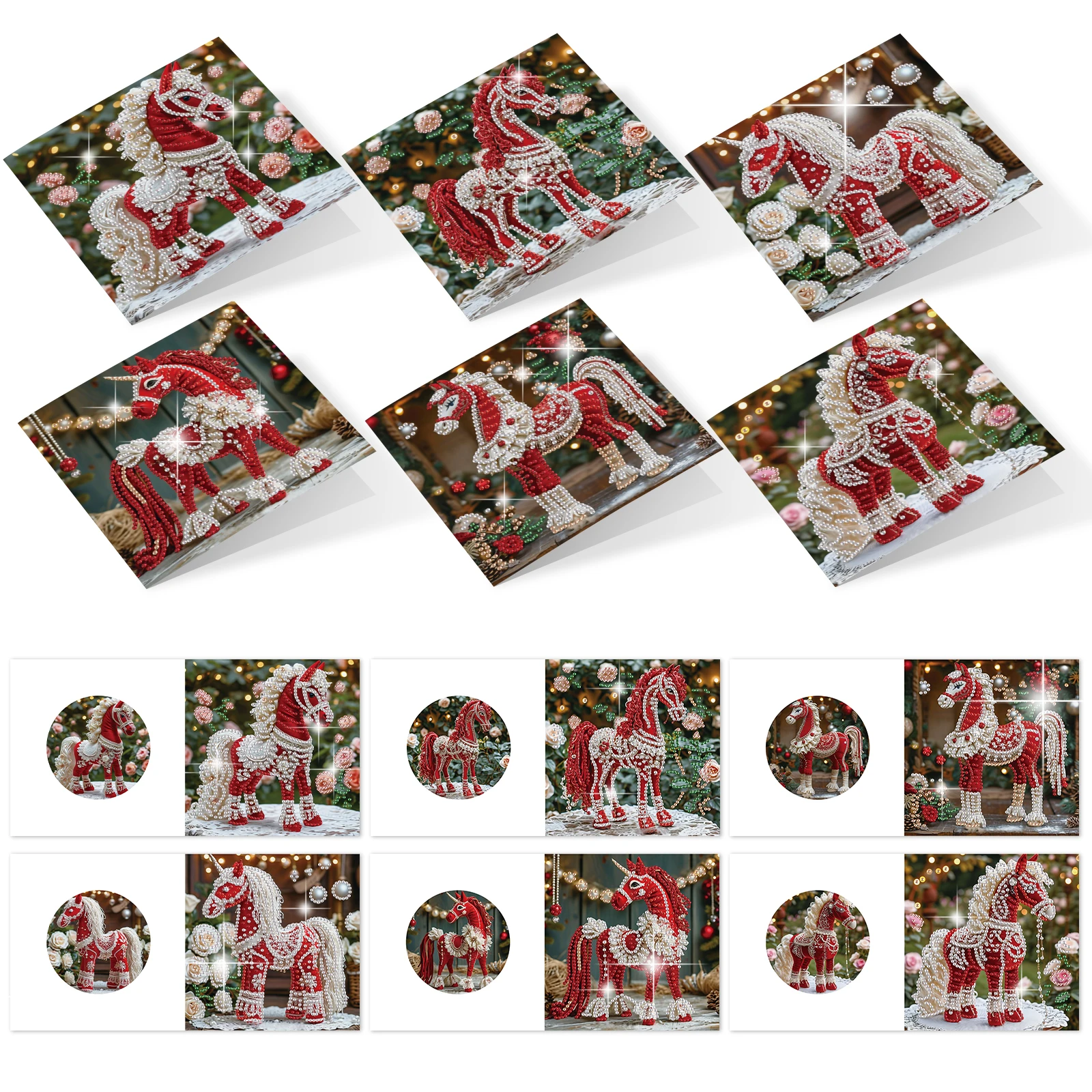 Kits de tarjetas de felicitación con pintura artística de diamante, 6 uds., caballo rojo, bricolaje, tarjetas de felicitación de arte de diamante con forma especial, regalos artísticos hechos a mano