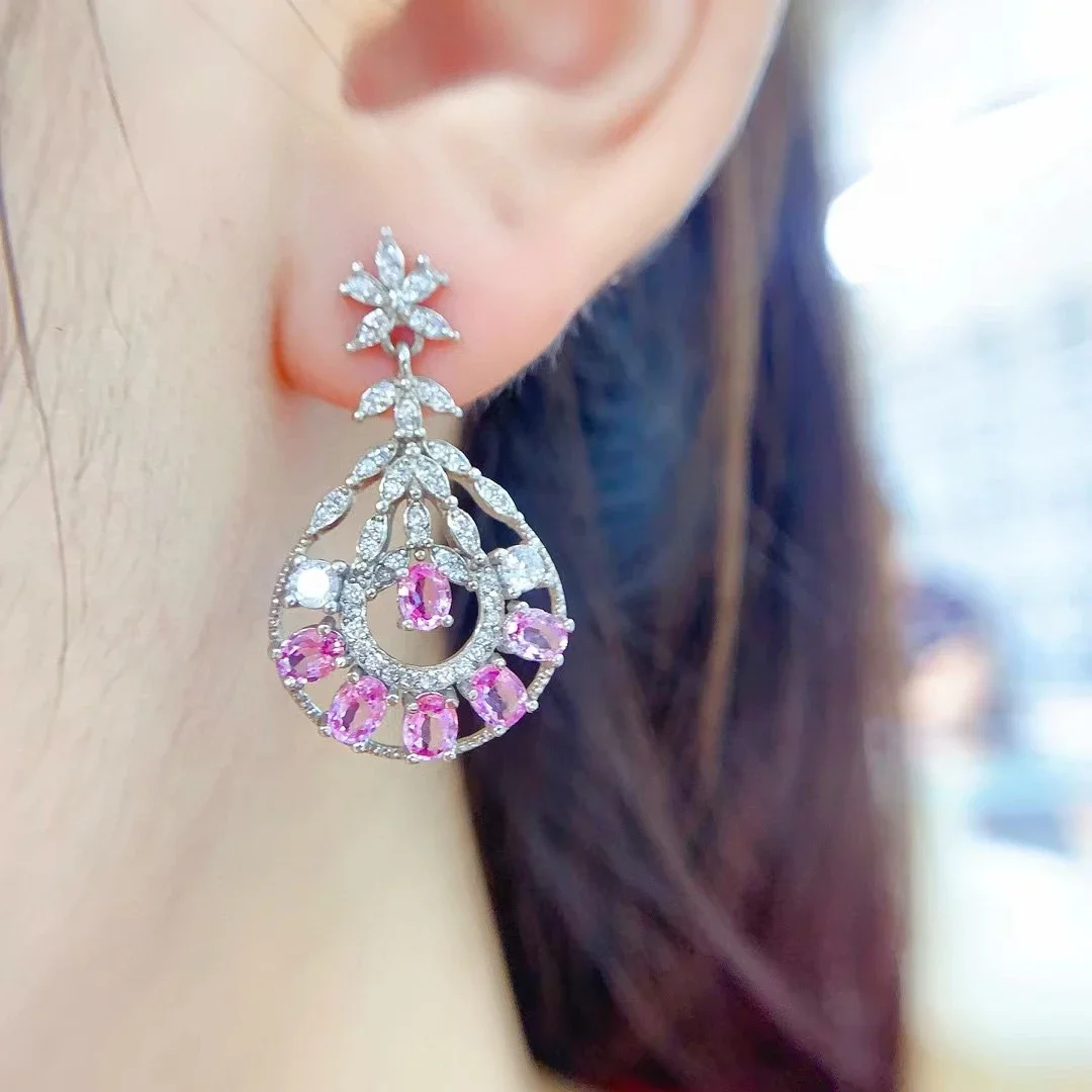 Luxury Pink Sapphire Drop Earrings for Wedding 3mm*4mm 1.5ct Genuine Sapphire 925 Silver Earrings 18K Gold Plated Bridal Jewelry