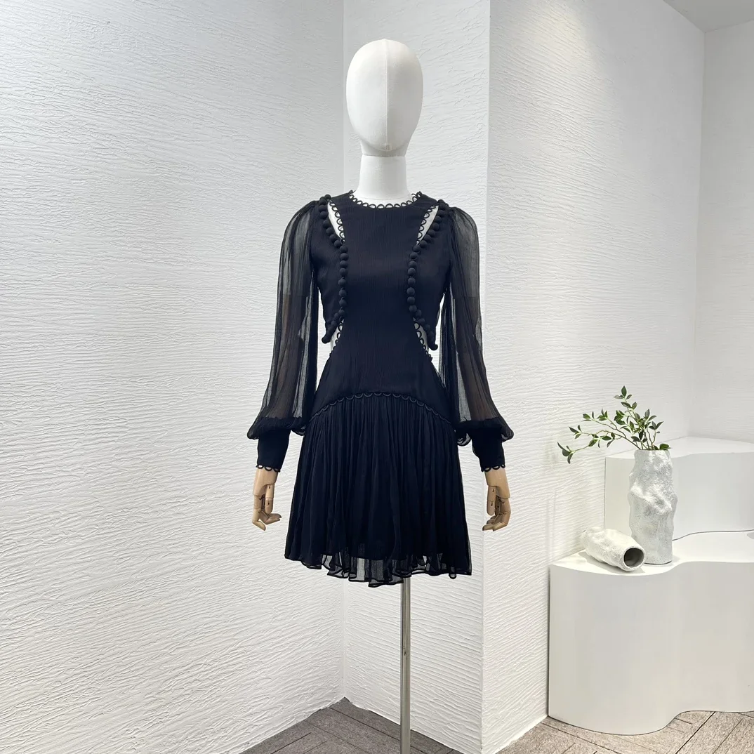 2024 New Summer Spring Elegant Black Cut Out Ruched Pleats Full Lantern Sleeve Women Midi Dress