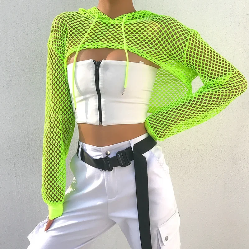 New Summer Long Sleeve Crop Tops Womens Knitted Mesh Smock Green Hollow Out Sexy Beach Party Hooded T-shirts Y2k Chic Streetwear