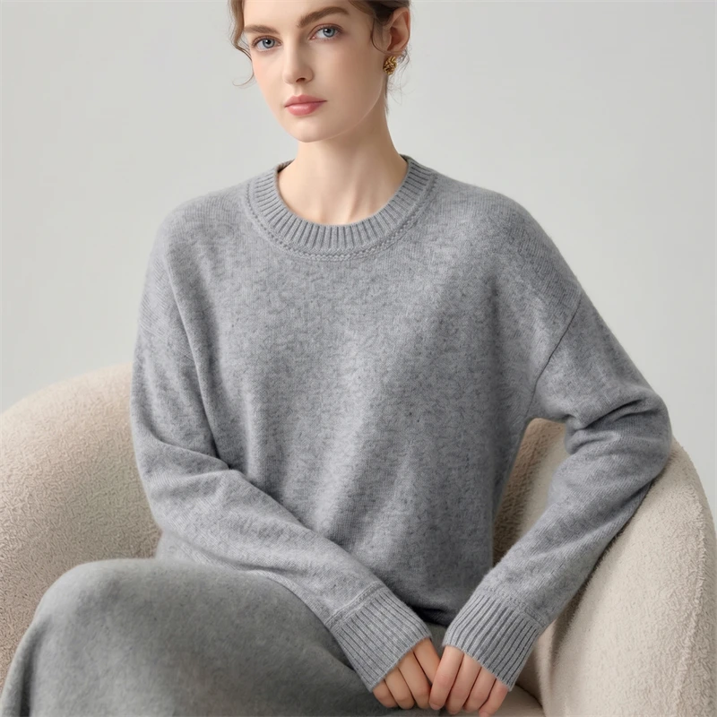 Gentle and minimalist style 100% pure cashmere sweater for women, loose knit pullover with shoulder down design, winter thick an