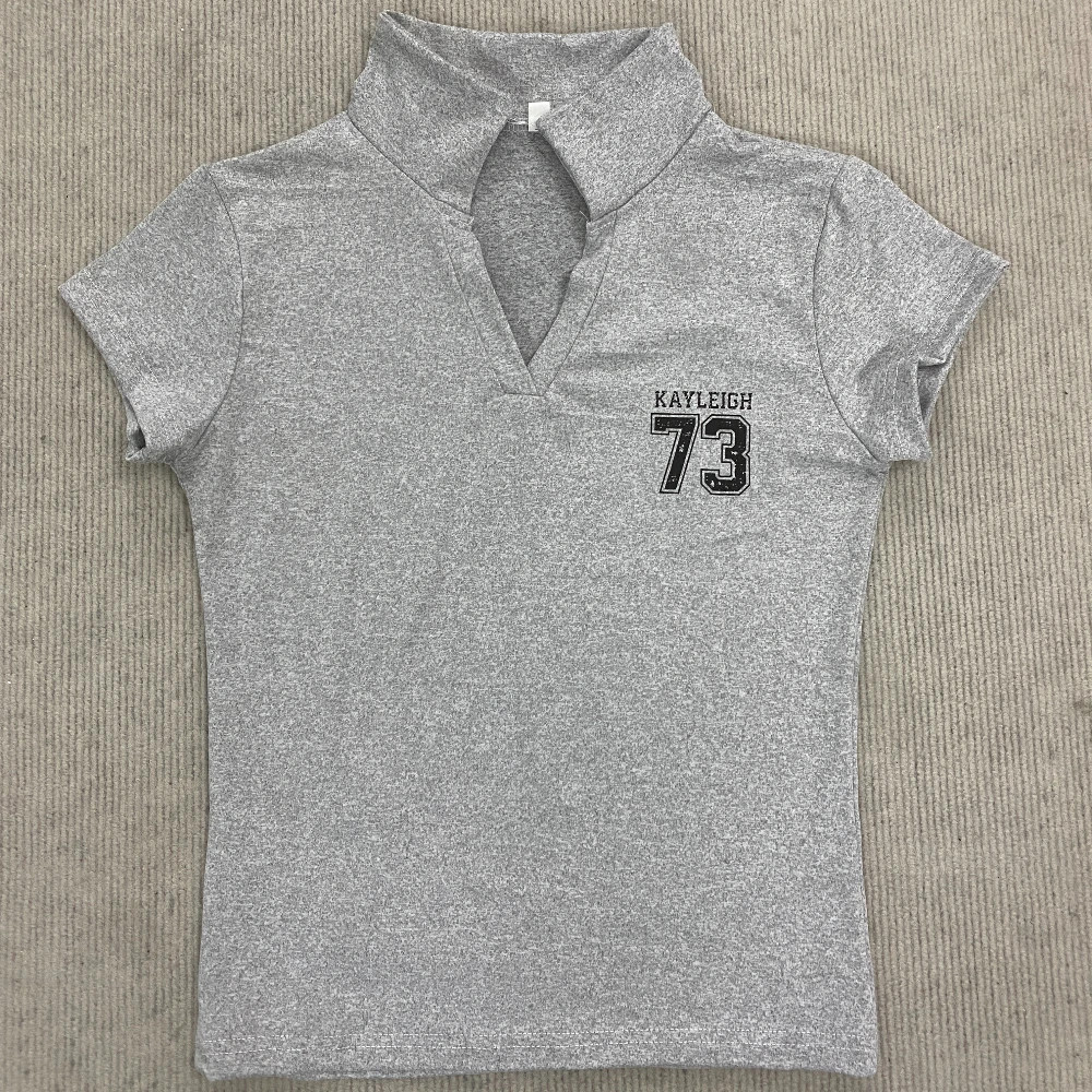 Slim Fit Short Top Korean Harajuku Style Digital Print Polo Collar Exposed Navel T-Shirt Y2K Trendy Streetwear for Youth