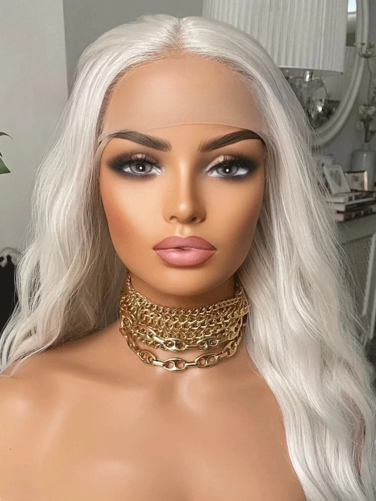 Blonde Platinum Synthetic Lace Wig Wavy Lace Front Heat Resistant Synthetic Wig 13x4 Ash White Lace Wig With Mid For Women Daily