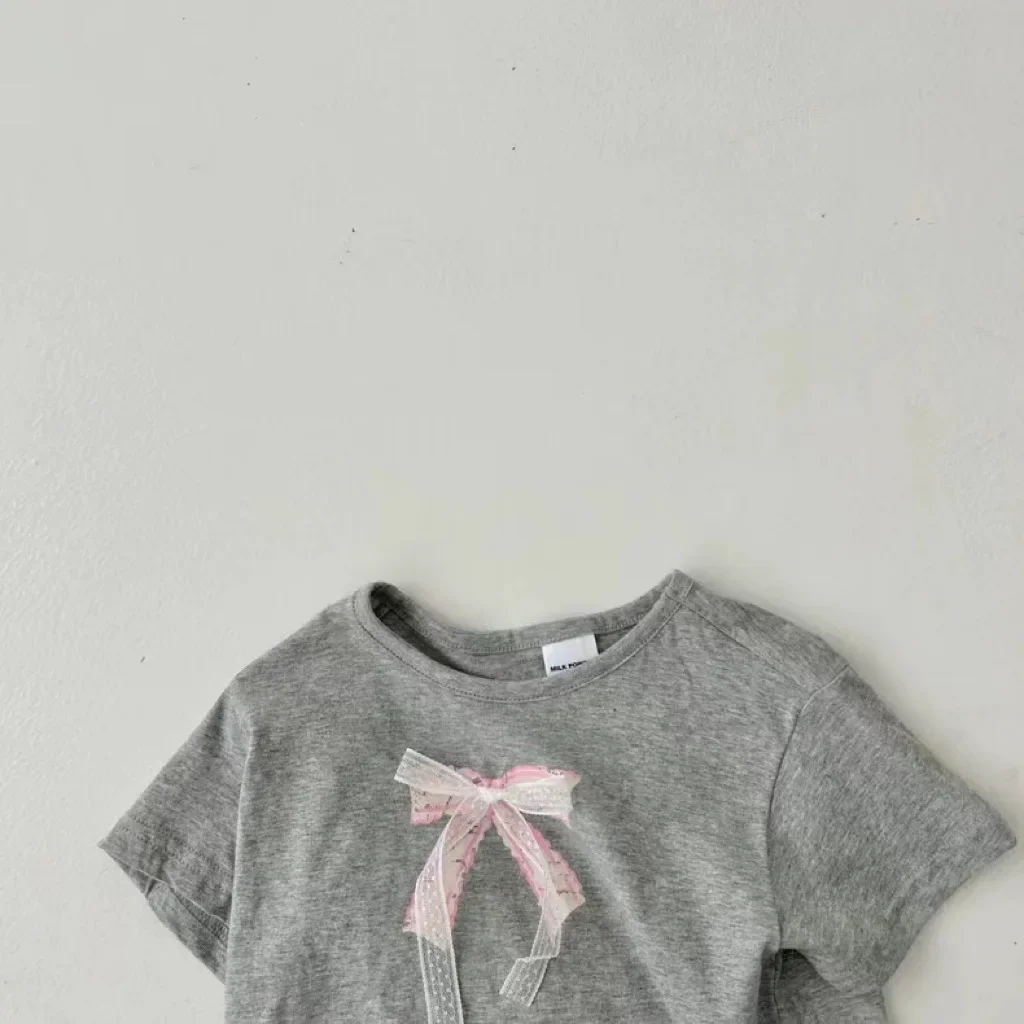 T-shirt à manches courtes avec ruban à nœud pour bébé fille, vêtements d'été coréens, t-shirts, nouveau, 22329, 2024