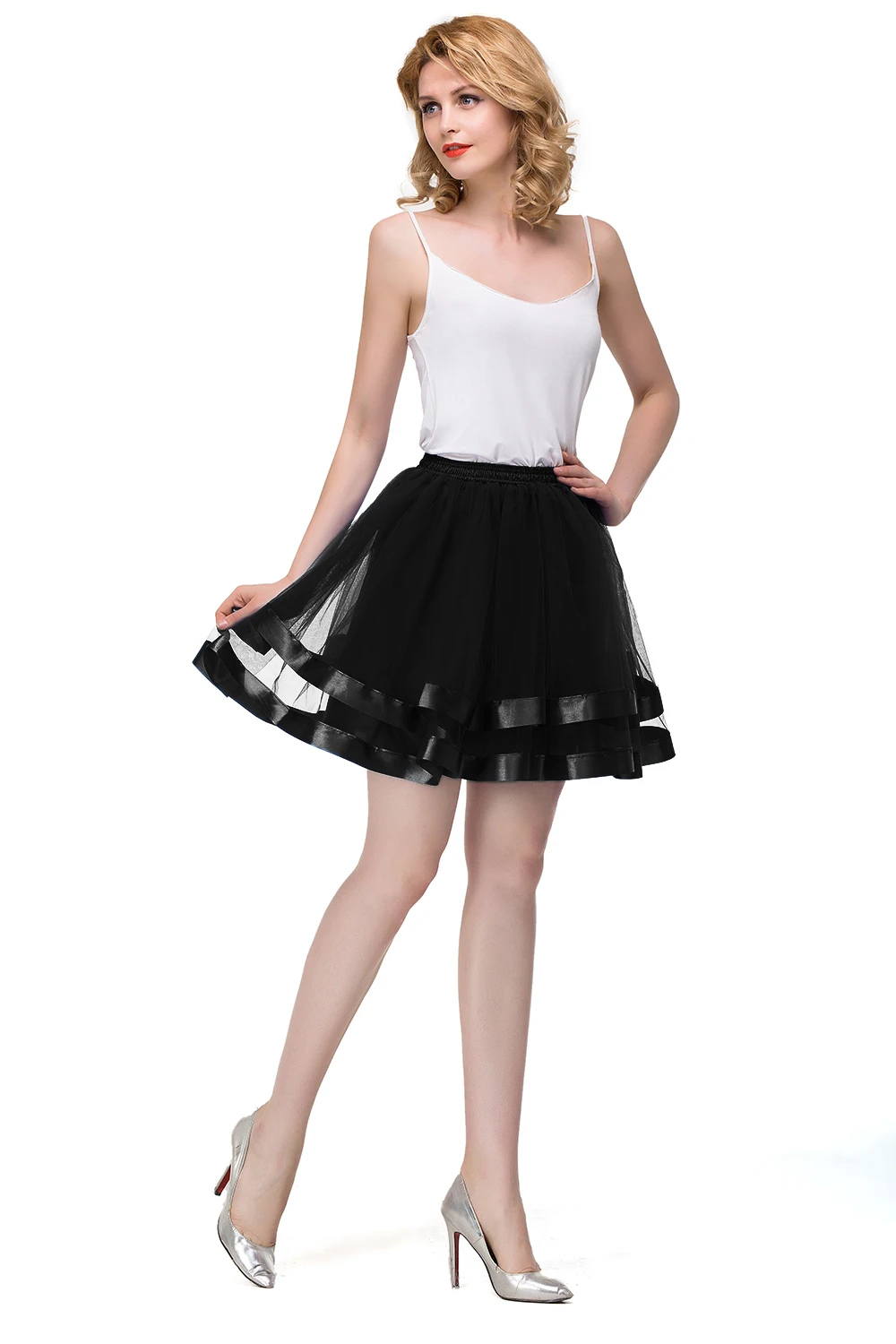 Women Mini Tutu Skirt 2 Layer Layered Tulle Ribbon Edge Ballet Dance Petticoat Elastic Waist Cosplay Party Ball Gown Short Skirt