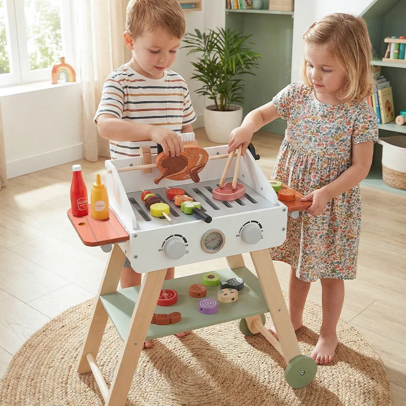 Children's play house simulation sound and light food barbecue plus BBQ kebabs to eat barbecue wooden meal kitchen toy set