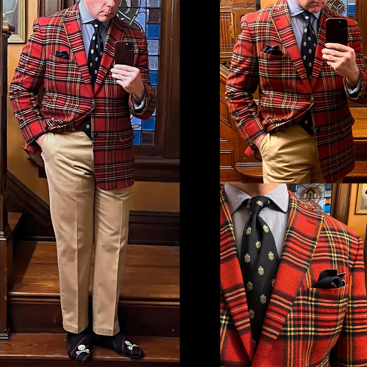 

New Design Men Suits 2 Pieces Red Plaid Blazer Khaki Pants Single Breasted Tuxedo Wedding Formal Work Party Causal Tailored