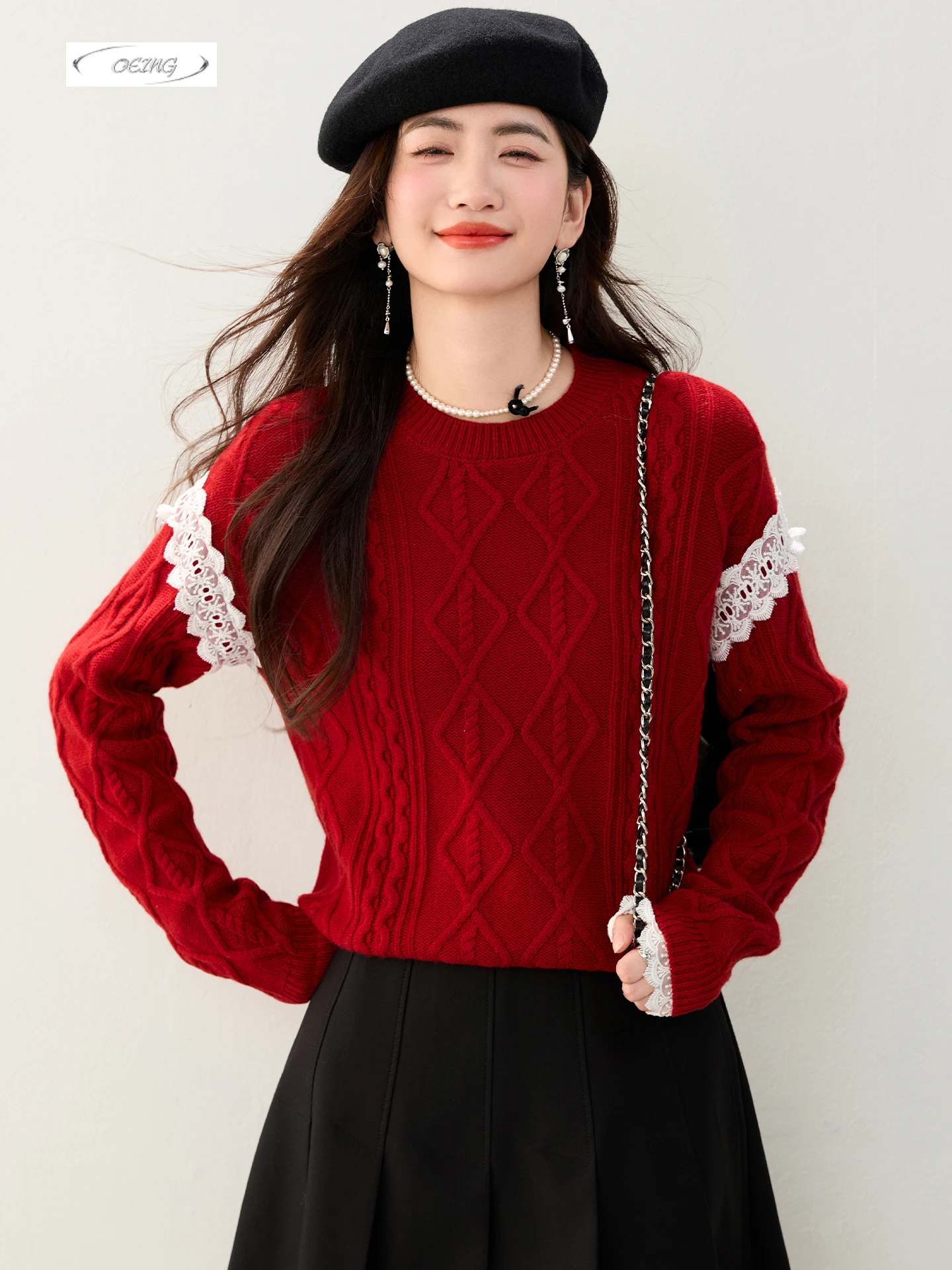 

O-neck Retro Fried Dough Twists Knit Pullover Red Sweater for Women Autumn Winter Thick Elegant Sweet Lace Spliced Knitwear 6017