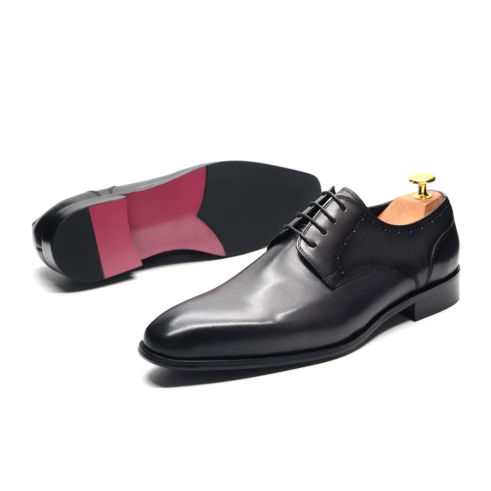 Classic Handmade Men\'s Derby Dress Shoes Gray Genuine Cow Leather Lace-up Pointy Plain Toe Business Wedding Formal Shoes for Men