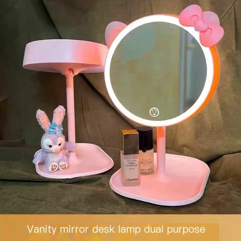 Anime Hello Kitty Led Light Tricolor Spiegel Kawaii USB Kt Nachtlampje Make-up Spiegel Dual Purpose Desktop Slaapzaal Meisjes Cadeau