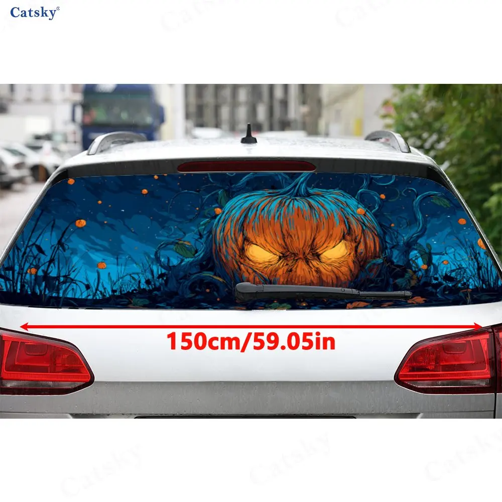 Halloween Pumpkin Lantern Dark Fantasy PVC Perforated Car Vinyl Wraps, Durable Car Rear Windshield Sticker, Waterproof Car Rear