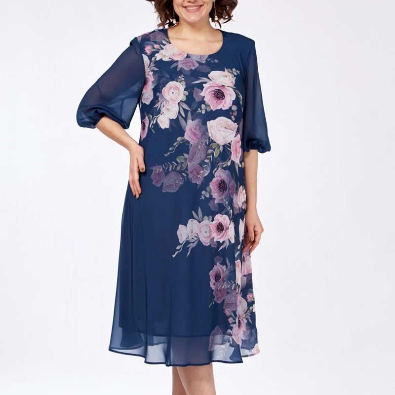 2025 Summer Loose Flower Printed Dress Women 3/4 Sleeve Midi Dress Plus Size Women Party Dress Casual Beach Holiday Dresses