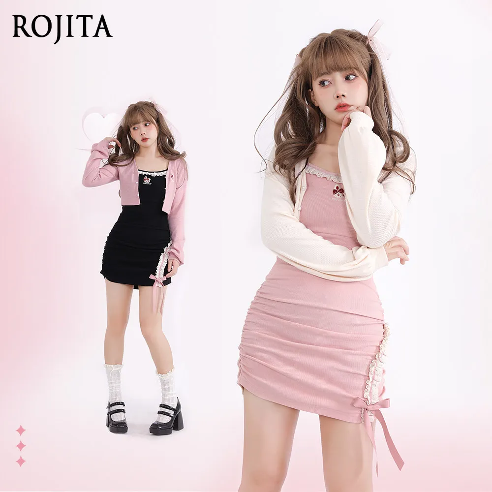 Y2K Cute Rabbit Embroidery Cami Dress Women Lace Trim Ruched Bodycon Mini Dress Pink Bow Sweet Girl Party Nightclub Dresses