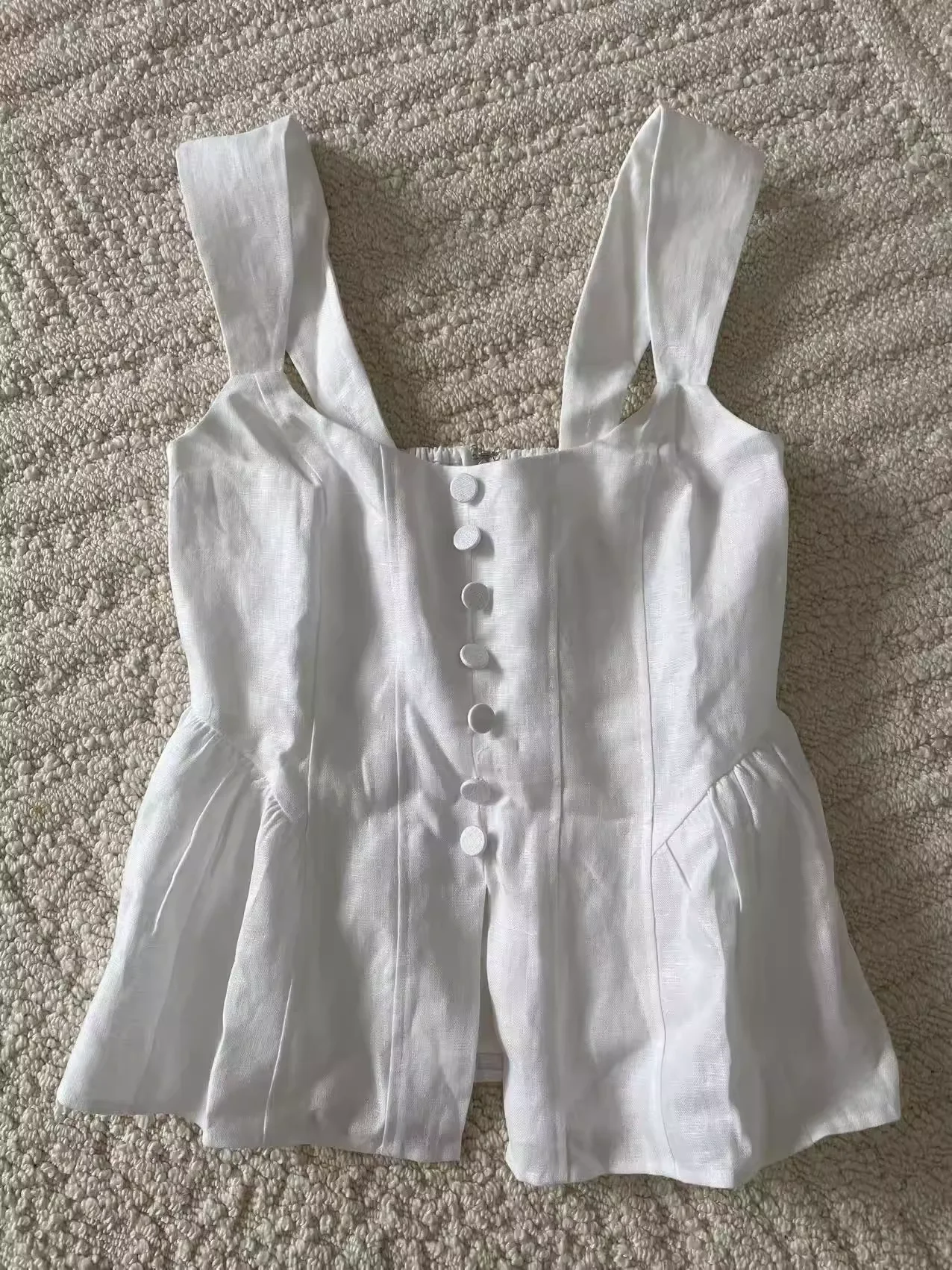 

Women White Tank Tops Single Breasted Square Collar Sleeveless Casual Slim 100% Linen Vest