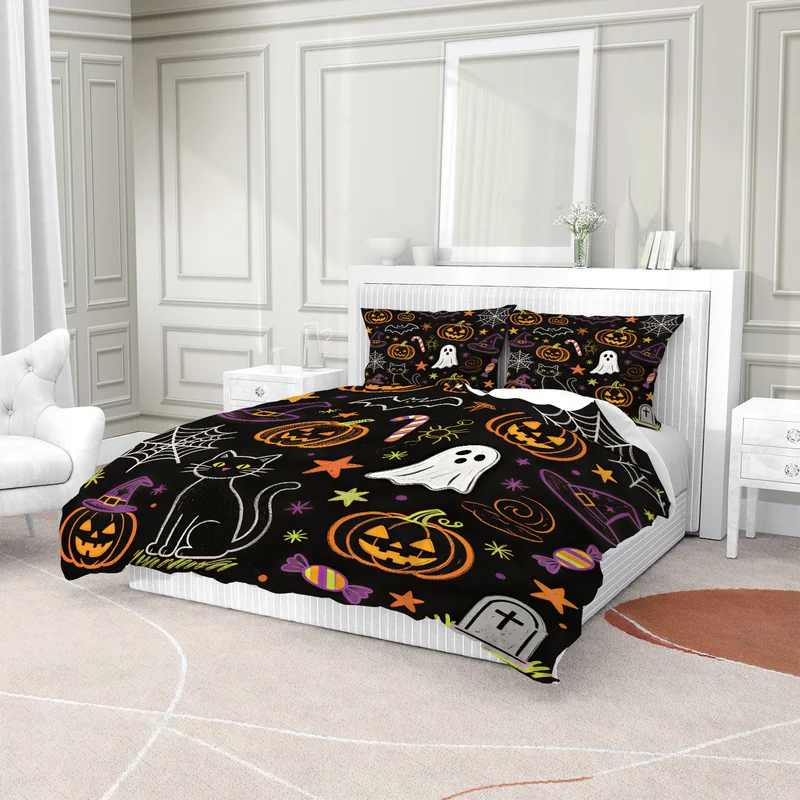 Cute Halloween Duvet Cover Set Cartoon Ghost Black Cat Pumpkin Tombstone Print Bedding Set Fashion Quilt Cover Set Bedroom Decor