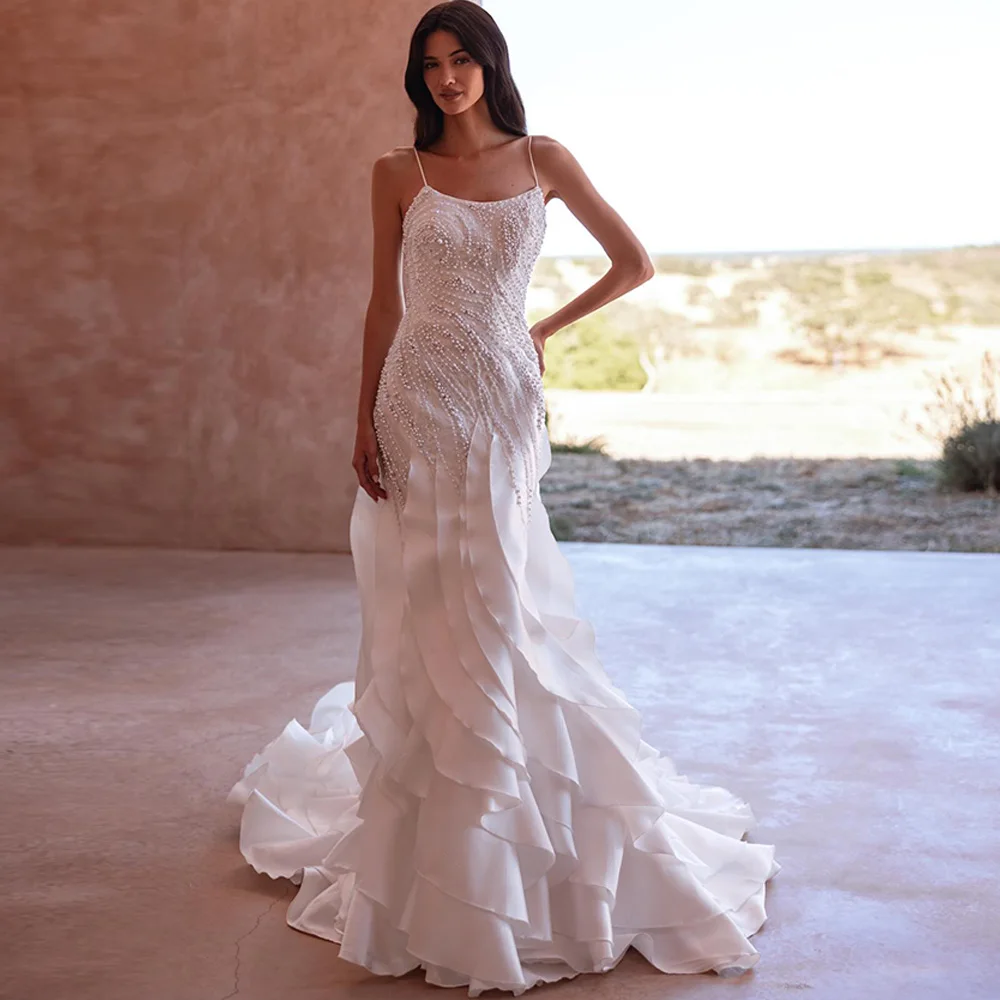 Charming Ruffles Organza Vestido De Novia Spaghetti Straps Mermaid Bridal Gowns Customized Exquisite Pearls Wedding Dress