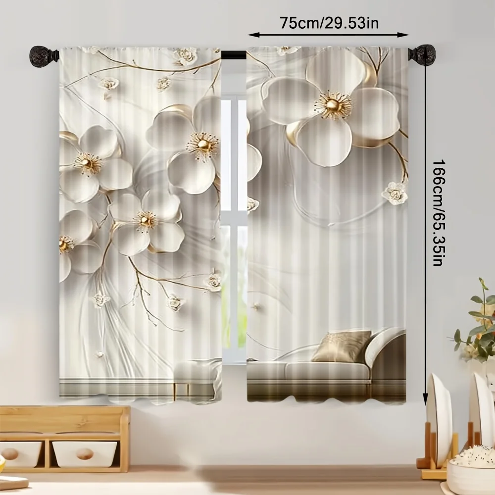 2PC Elegant Floral Sheer Curtains – White & Gold Blooms,Pocket Rod Top for Living Room,Bedroom, Kitchen,Office – Luxe Home Decor