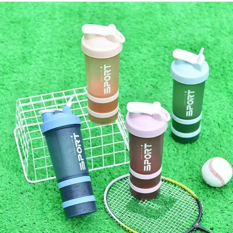 1-4PCS Solid Color Letter Print Simple Design 3 Layer Shaker Bottle with Handle for Protein Mixing Sports Gym Workout Portable