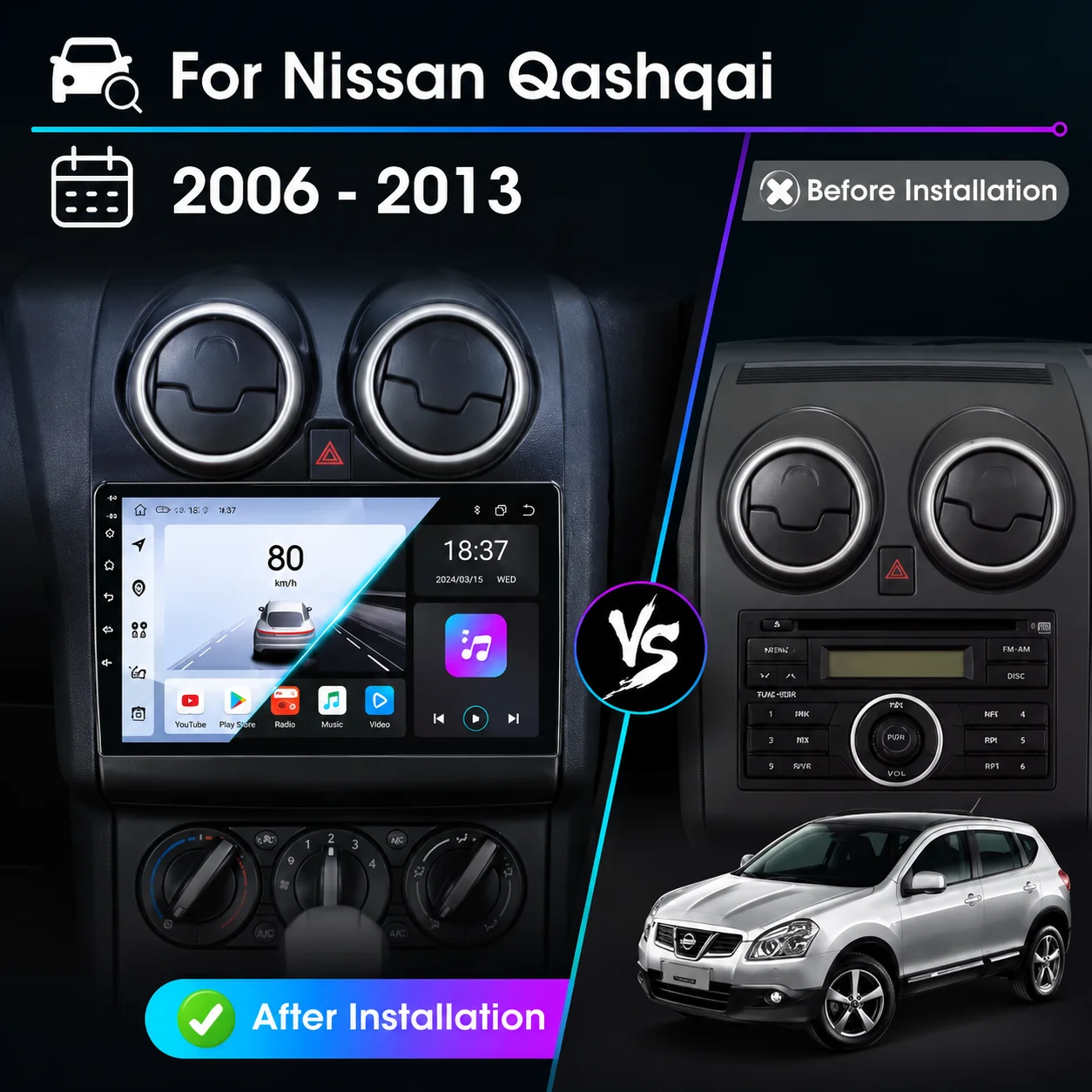 Wireless CarPlay & Wireless Android Auto Car Stereo for Nissan Qashqai J10 2006-2013, Dualis, Qashqai+2, GPS DSP 48-Band EQ