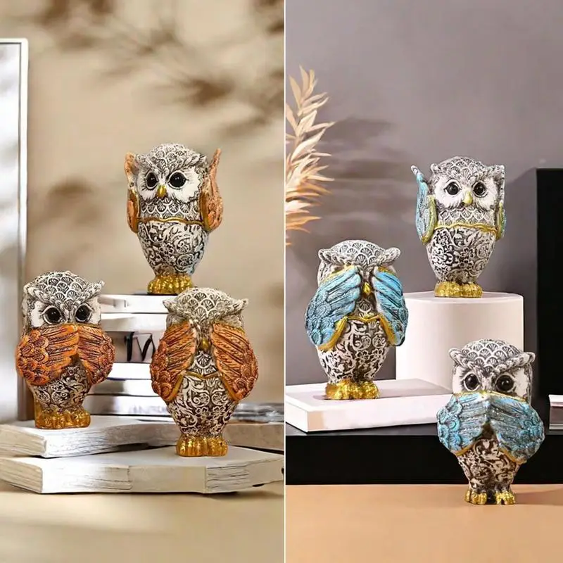 Owl Figurine Creative Tabletop Ornament no listen no see no speak Owl Sculpture for Office Cabinet Living Room Table Centerpiece