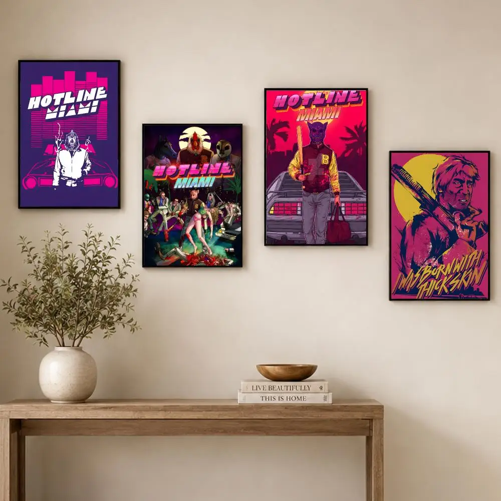 H-Hotline Miami Game Poster High Quality Bedroom Living Room Aesthetic Wall Decoration Painting Stickers Gift