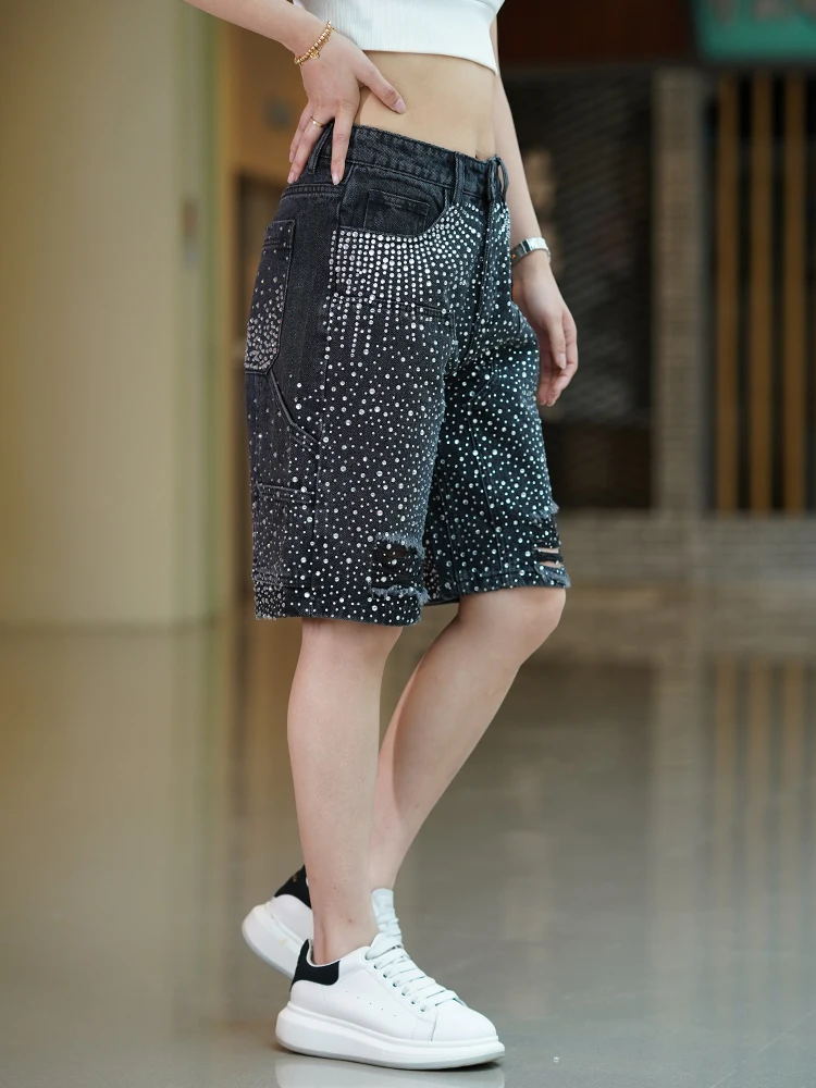 2025 Summer New Heavy Rhinestone Denim Shorts Men Fashion Trend Five-point Shorts American Style Loose Versatile Short