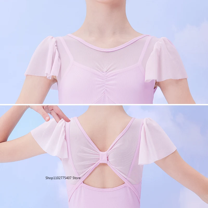 Girls Ballet Dress Short Sleeve Ballet Leotard Gymnastics Leotards Ruffles Smocked Training Leotard Two-Pieces Dancing Bodysuit