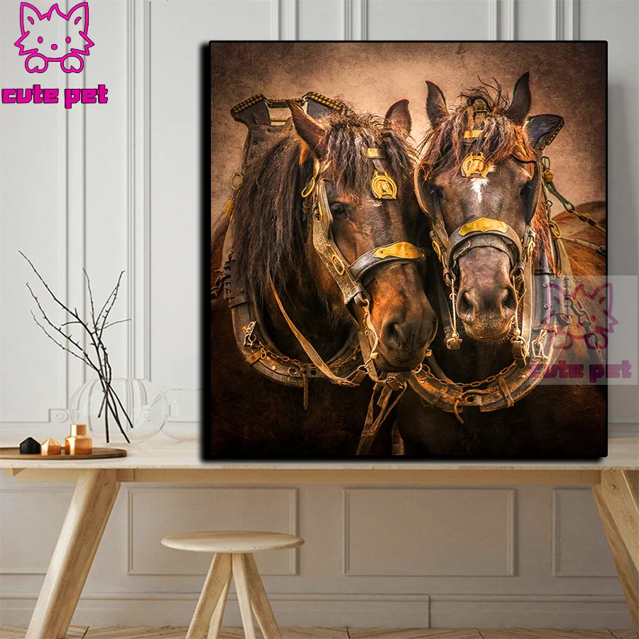 animal Diamond Painting Two horses Mosaic Full Square Round Drill DIY 5D Diamond Embroidery iving room bedroom Paintings Art