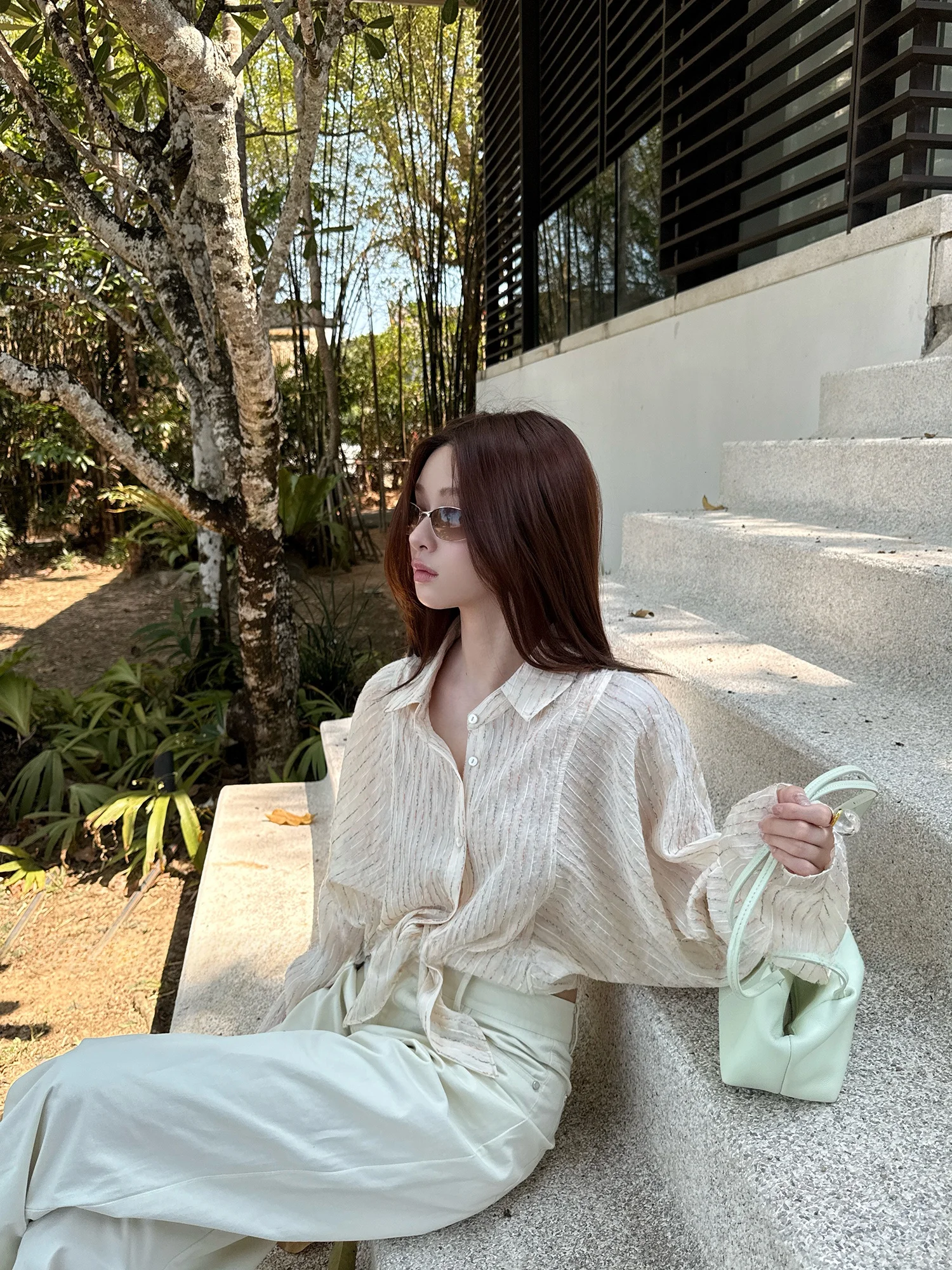 

FORNIYOYO Sea Salt Evening Wind Texture Sensation Micro Translucent Silk Shirt Milk Apricot Stripe Casual Loose Fit Women's S...