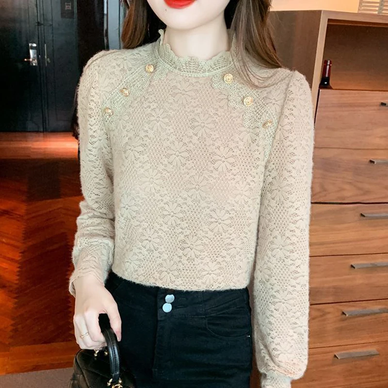 New Autumn Winter Vintage Korean Style Elegant Chic Lace Sweet Basic T Shirt Women Casual Solid Half High Collar Long Sleeve Top