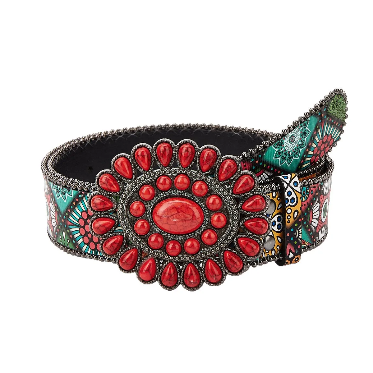 

Ruby Button Head Printed Beaded Belt American Vintage Accessory Belt Decorative Fashion Niche Bohemian Belt