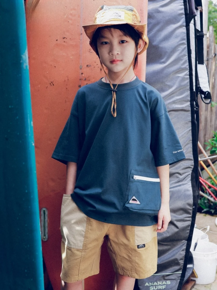 Facec Boys Cotton T-Shirt Short Sleeve Summer 2026 Camping Pocket Outdoor Kids Clothing Breathable round Neck Kids T-Shirt