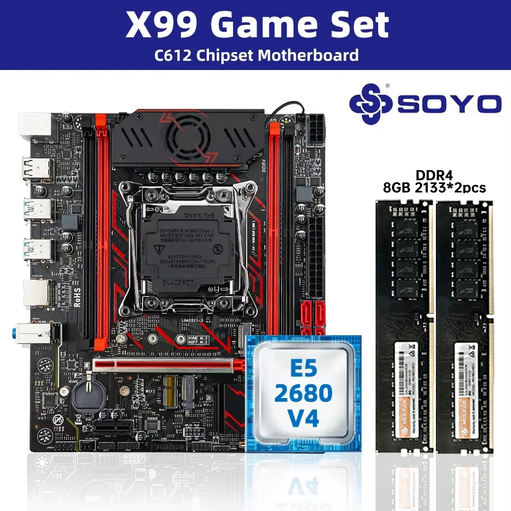 

SOYO X99 Gaming Motherboard kit LGA2011-3 Xeon E5 2680 V4 CPU 16GB(8GBX2) DDR4 RAM M.2 NVME SATA3.0 Support TPM 2.0 Interface