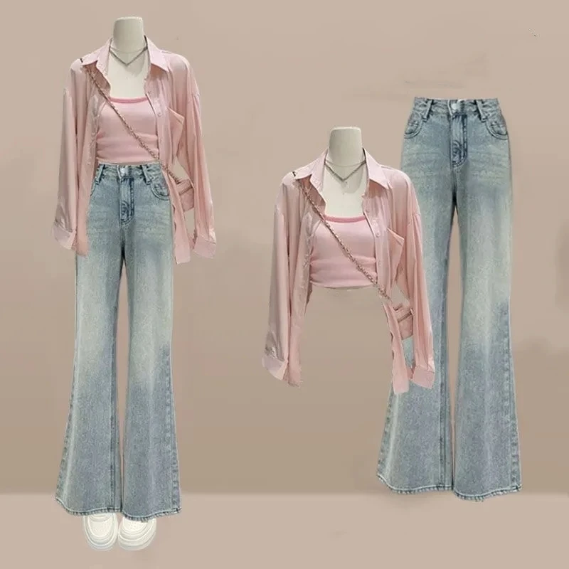 

Women's Graceful Pink Shirts Sling Flare Denim Pants Three Piece Set Lady Spring Fall Blouse Tank Top Jeans Outfit 2025 Clothing