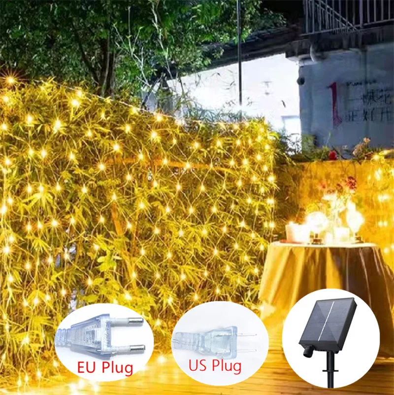 Solar or EU Plug Net Light Mesh Fairy Lights Waterproof Garland With 8 Modes Timer Christmas Decorations For Home 3M*2M Holiday