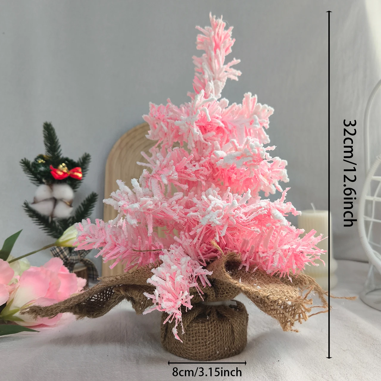 Tabletop Mini Christmas Tree, Christmas Tree Miniature Pine with Snow, Xmas Tree with Linen Base Xmas Decorations for Home Decor