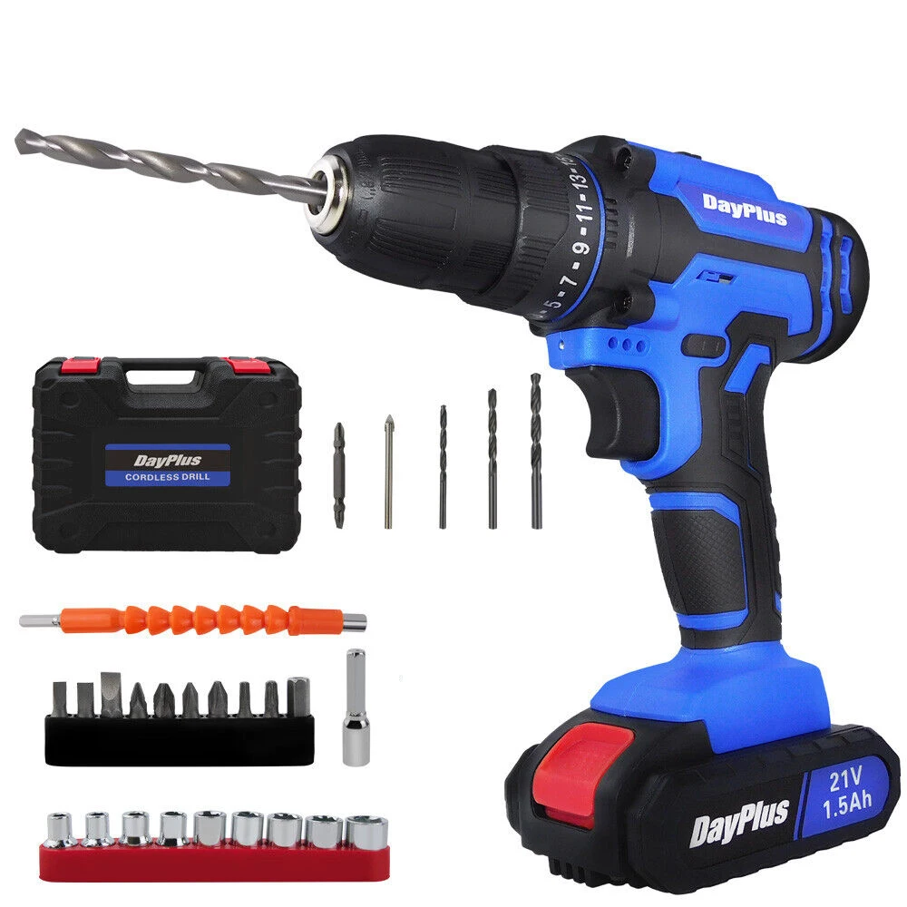 45Nm Electric Drill Set, Cordless Drill Screwdriver with 2 X 1.5Ah Batteries, 1400RPM, 2 Speed, Impact Driver Set, Carry Case