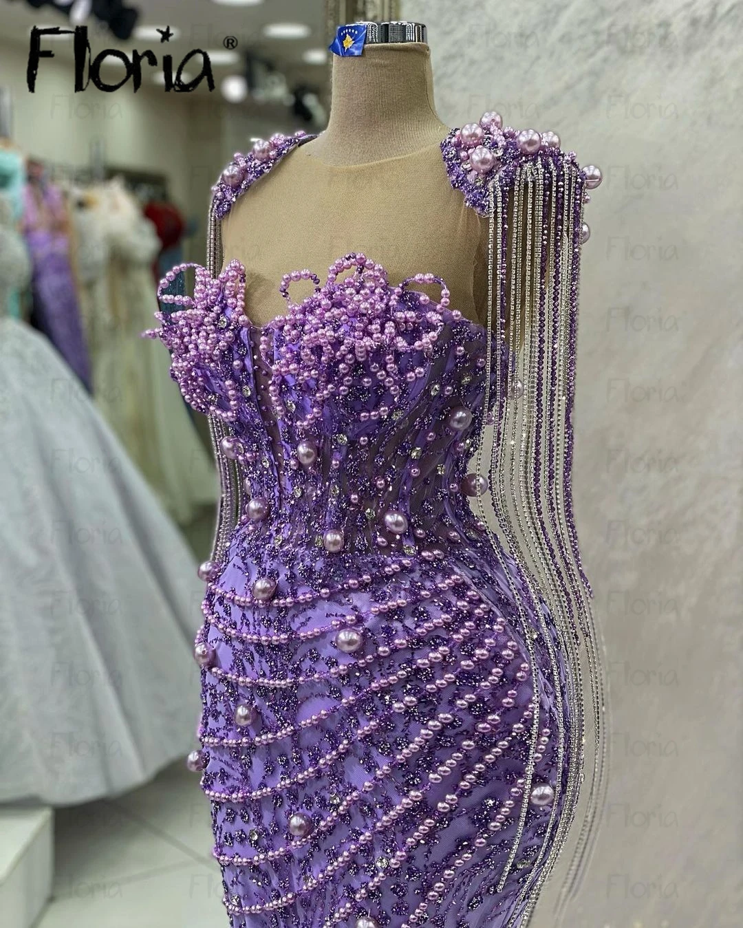 Lavender Party Dress Tassel Chains Sleeve Beaded Mermaid Formal Prom Gowns 2023 Vestido De Casamento Celebrity Dresses Customize