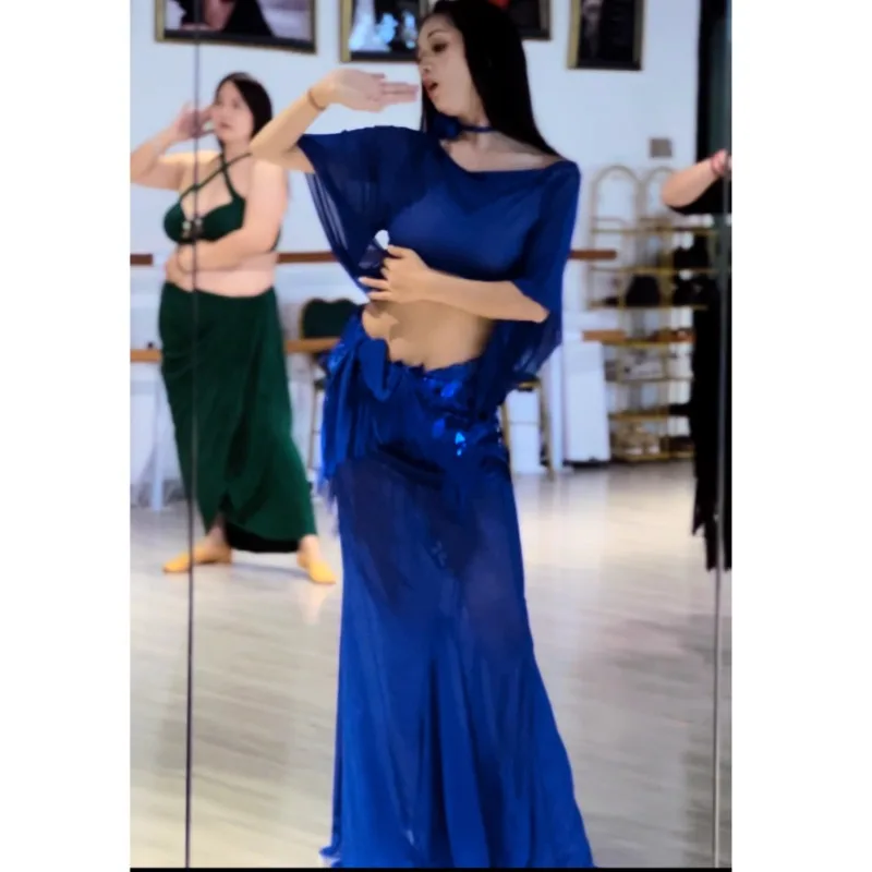 customized belly dance costumes new set sexy long dress performance costume group class uniform blue suit top skirt hip scarf
