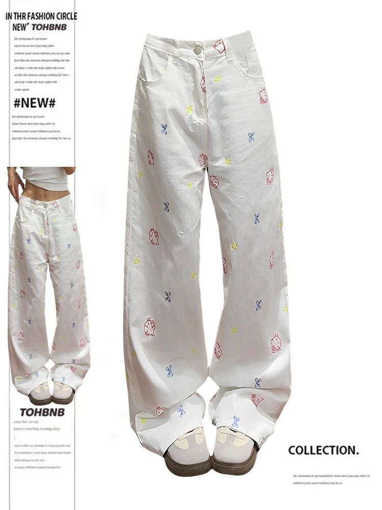 

Женские белые джинсы с вышивкой больших размеров, летние прямые широкие брюки, удобные повседневные брюки с высокой талией