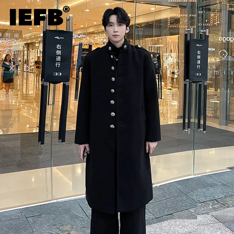 

IEFB Korean Style Men's Woolen Coats Single Breasted Thickened Solid Color Overknee Stand Collar Loose Male Windbreakers 9C8018