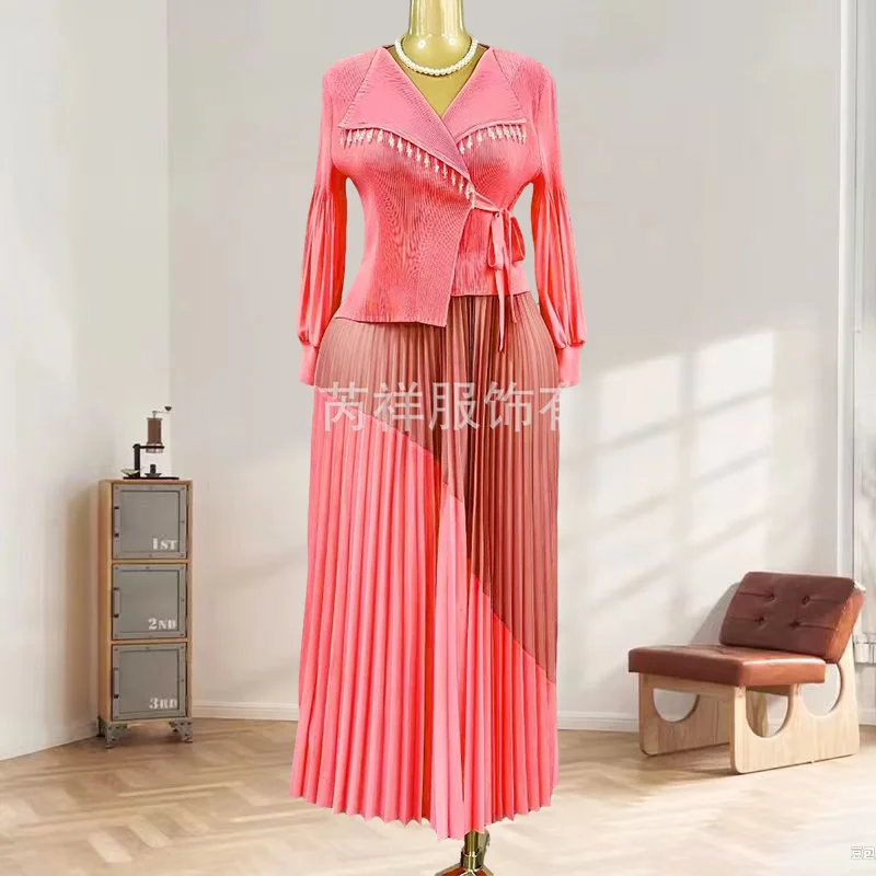 

Miyake Pleated Dress Plisse 2025 New Miyake Fold Suit Big Flip Pleat Collar Tie Waist Colour Blocking Big Size Pleats Dresses