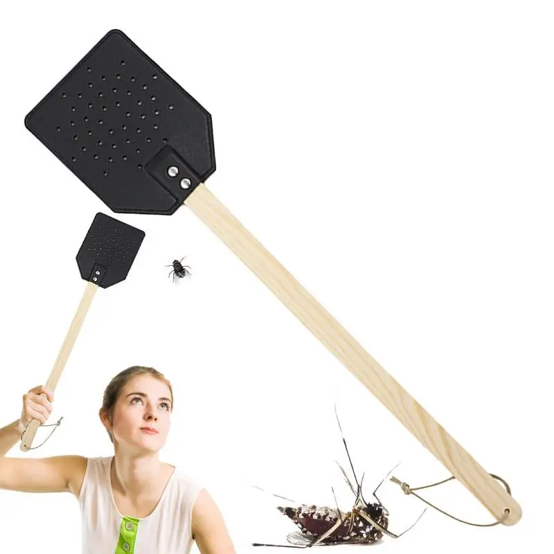 Long Handle Fly Swatter Portable PU Leather Fly Racket Wall Mount Flying Racket Easy To Use For Backyard Balcony Living Room